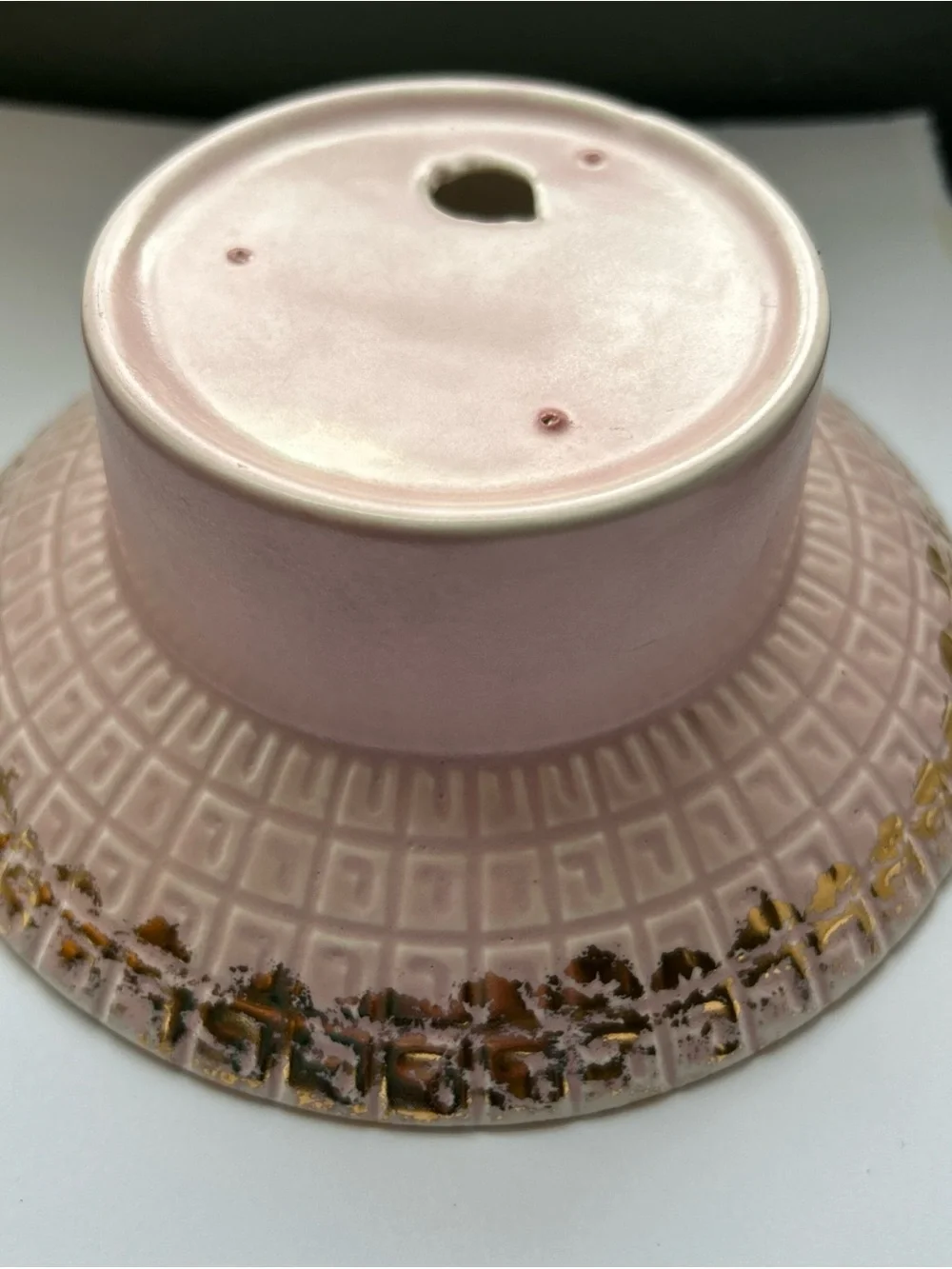 MCM Ceramic pedestal bowl candle holder pale pink Gold Sponge raised design rare